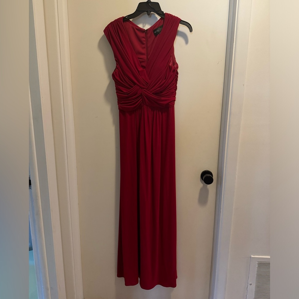 Betsy & Adam long red evening gown.
